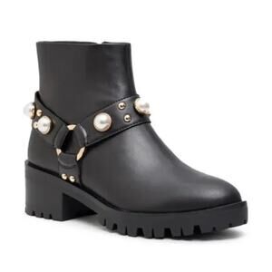 Karl Lagerfeld Pixie Pearl Embellished Black Leather Moto Boots Booties